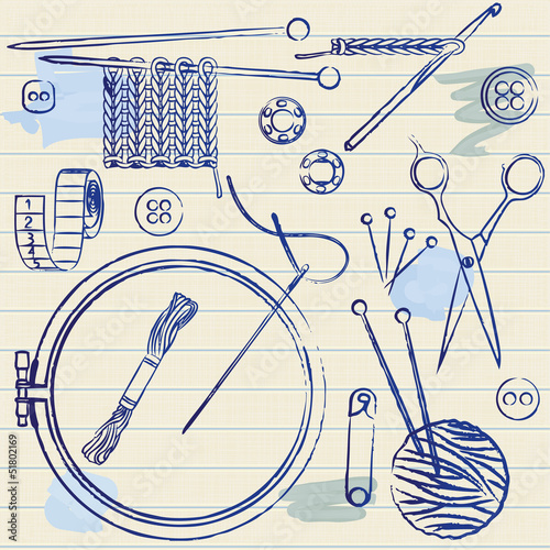 Sewing and needlework related symbols on lined paper background