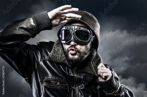 pilot with glasses and vintage hat with funny expression Fototapeta