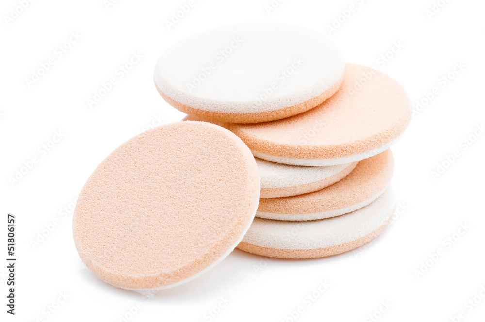 Close up view of cosmetic sponges on white back Close up view of cosmetic sponges on white back