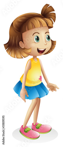 A young girl with a blue skirt