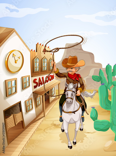 A man with a rope riding in a horse