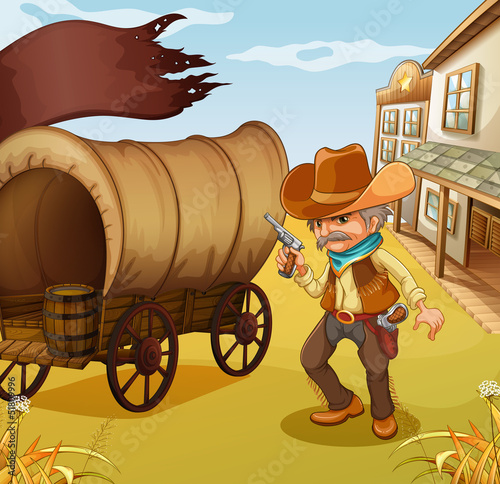 A Mexican man holding a gun beside a wagon