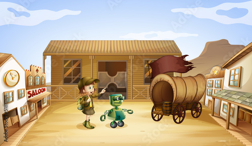 A girl and a robot near the wagon