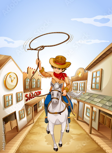 A boy riding in a horse holding a rope