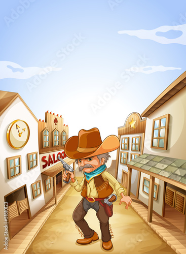 An old man holding a gun near the saloon