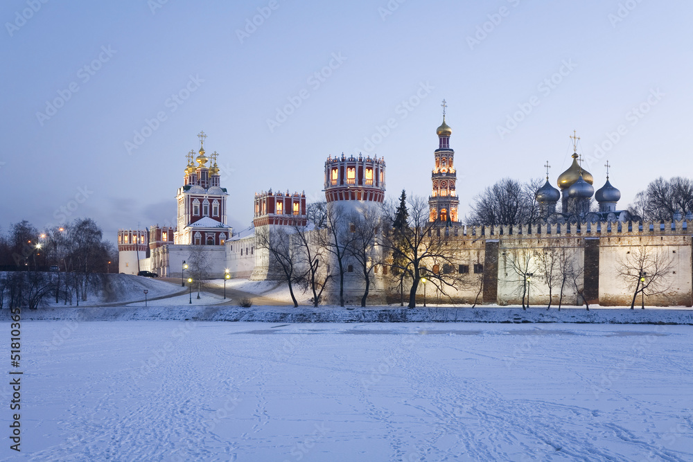 The Novodevichy convent  in the winter evening. Moscow