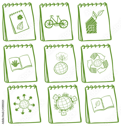 Notebooks with green drawings at the cover page