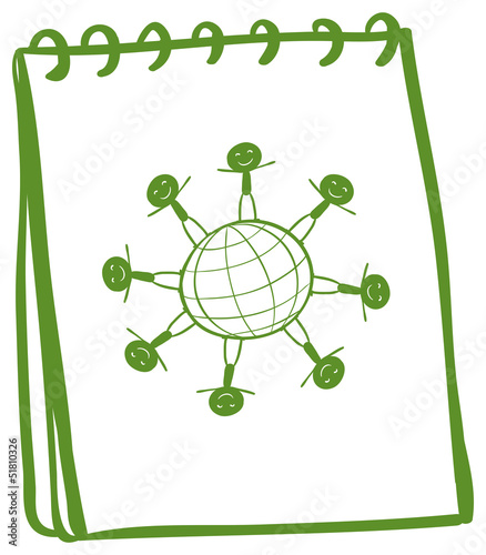 A green notebook with a drawing of kids standing around the glob