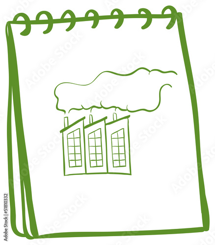A green notebook with an image of a factory