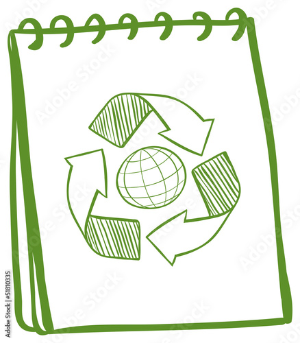 A green notebook with a drawing of the recycle symbol