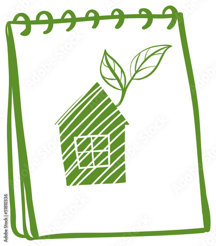 A notebook with a drawing of a house with leaves