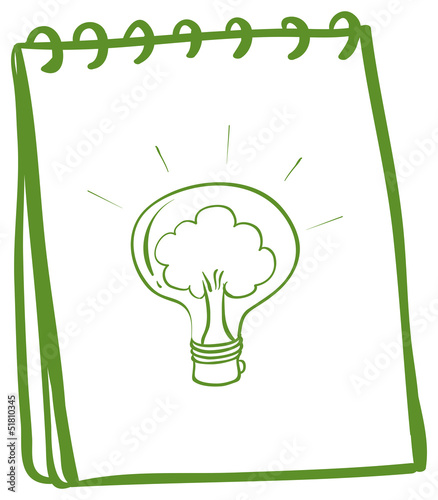 A green notebook with a bulb