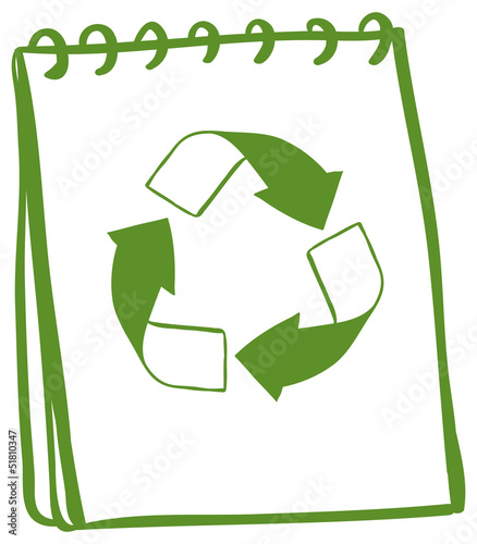A notebook with a drawing of a recycle sign