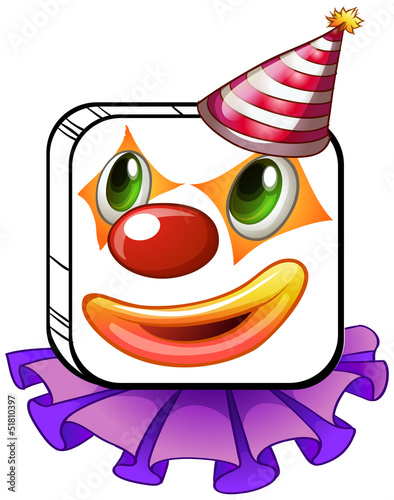 A square-faced clown with a party hat
