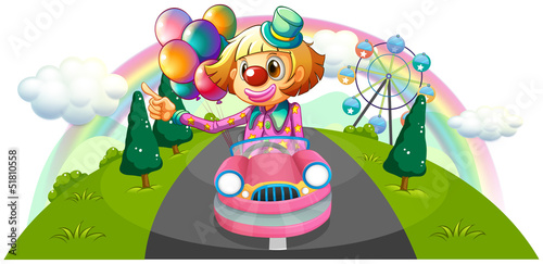 A pink car with a female clown