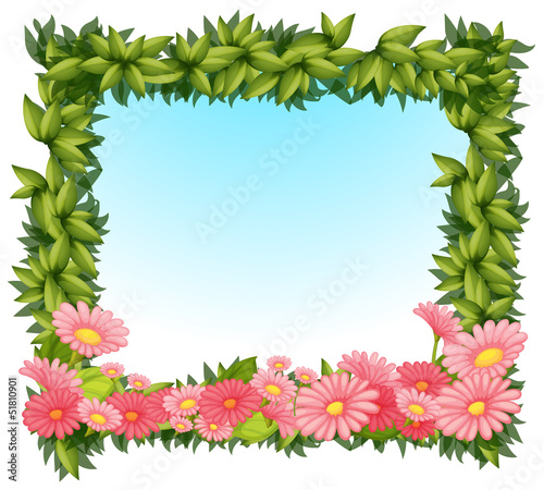 A framed leaves with pink flowers