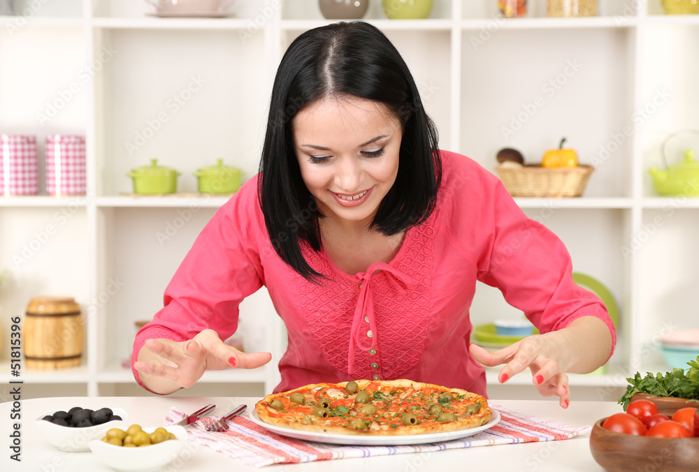 Beautiful girl wants to eat delicious pizza Beautiful girl wants to eat delicious pizza