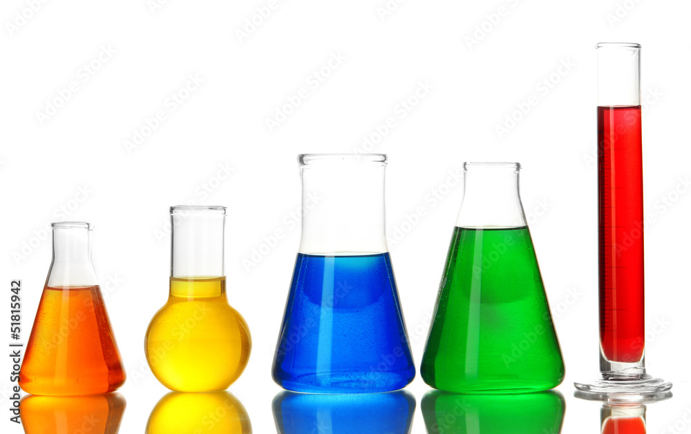 Test tubes with colorful liquids isolated on white Test tubes with colorful liquids isolated on white