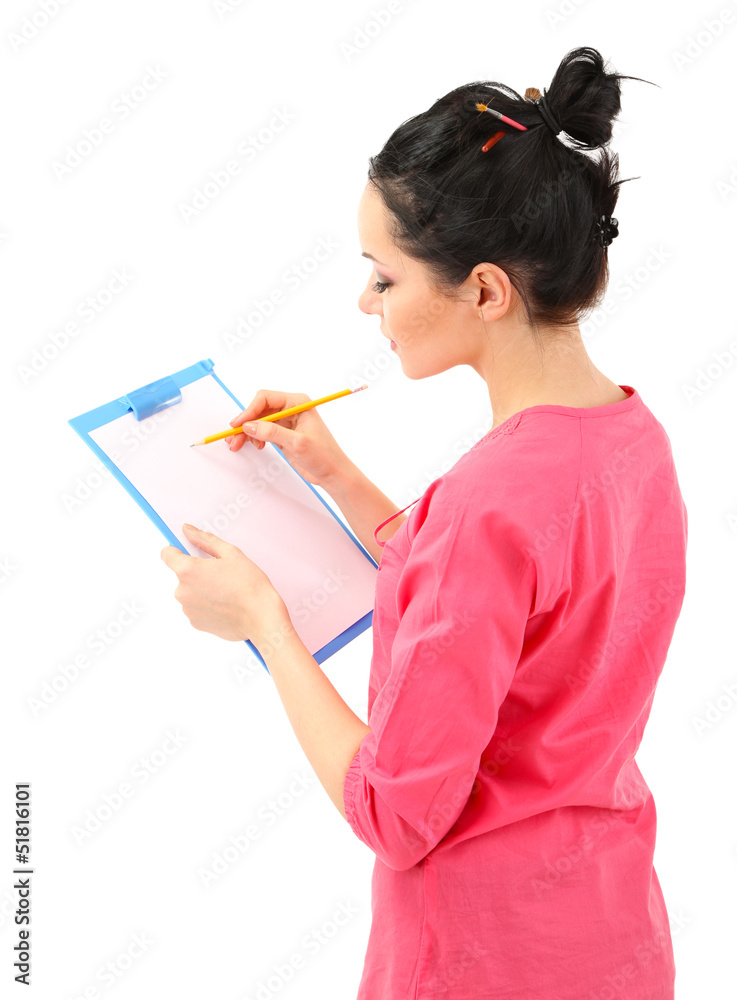 Beautiful young woman painter at work, isolated on white