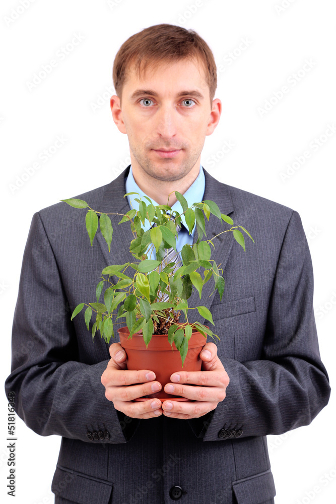 Young businessman with plant isolated on white. Young businessman with plant isolated on white.