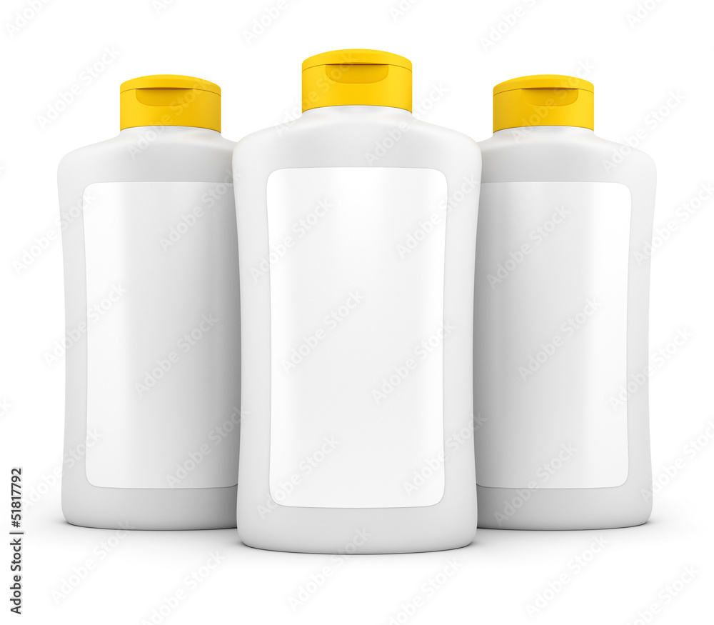 Three bottles of cosmetic stuff isolated on white Three bottles of cosmetic stuff isolated on white