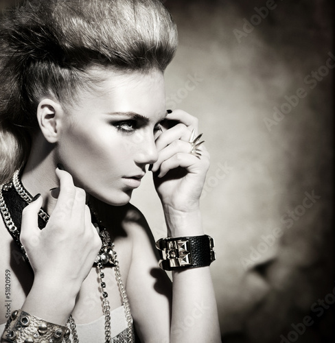 Fashion Rocker Style Model Girl Portrait. Black and White #51820959