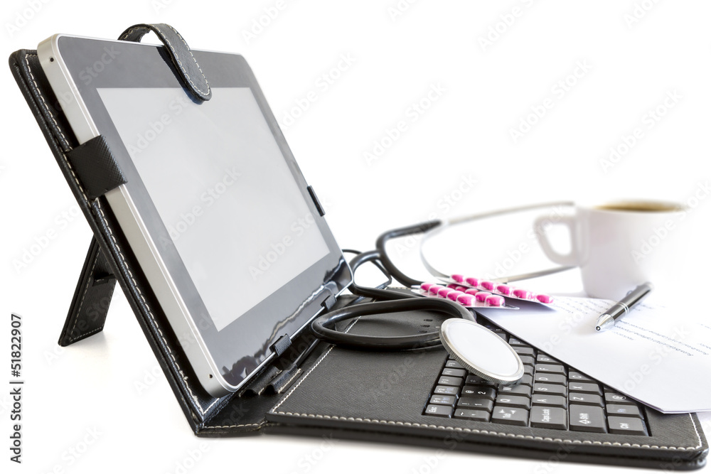 Digital tablet pc, pills and stethoscope, health concept Digital tablet pc, pills and stethoscope, health concept