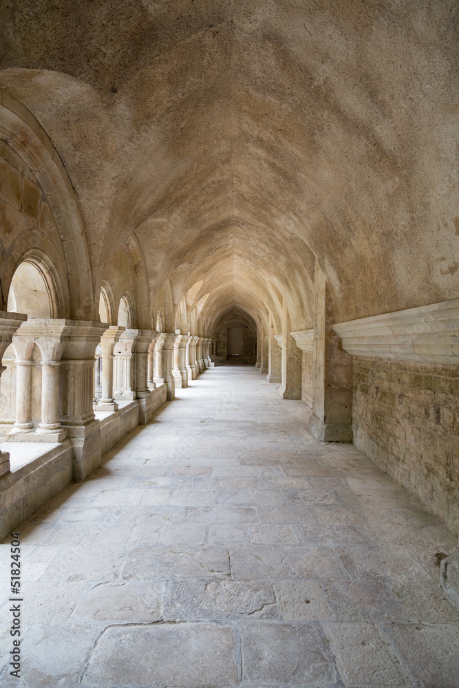 Allée et voûte dans le cloître de l'abbaye de Fontenaye