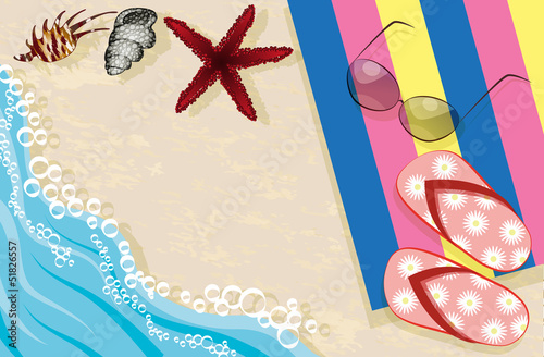 Flip-flops, sunglasses, towel and shells on the beach
