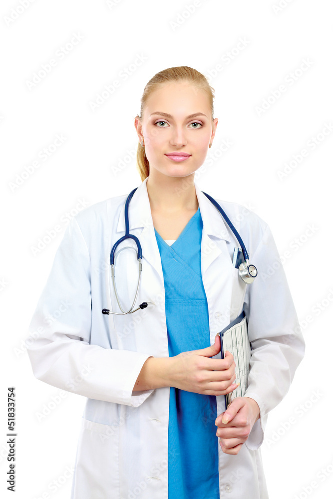 Smiling young doctor in white coat standing Smiling young doctor in white coat standing