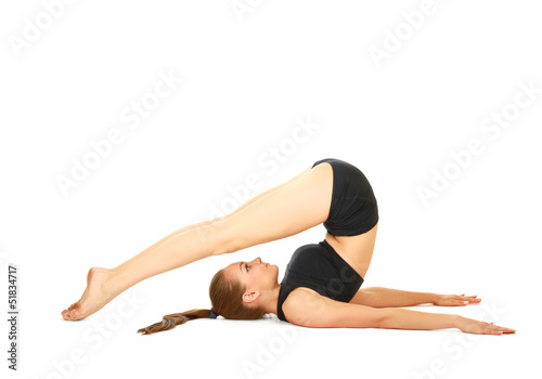 woman doing stretching excersises isolated on white background