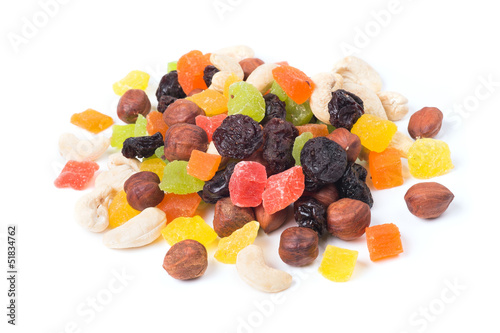 A mixture of dried fruits on a white background