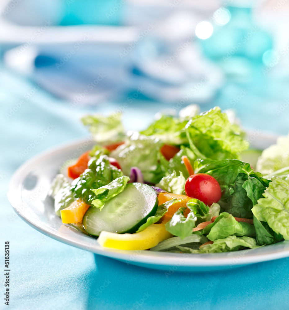 garden salad with fresh vegetables with copy space composition