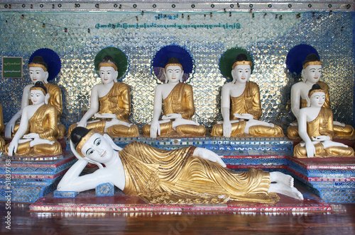 buddha figures in shwedagon pagoda of yangon myanmar