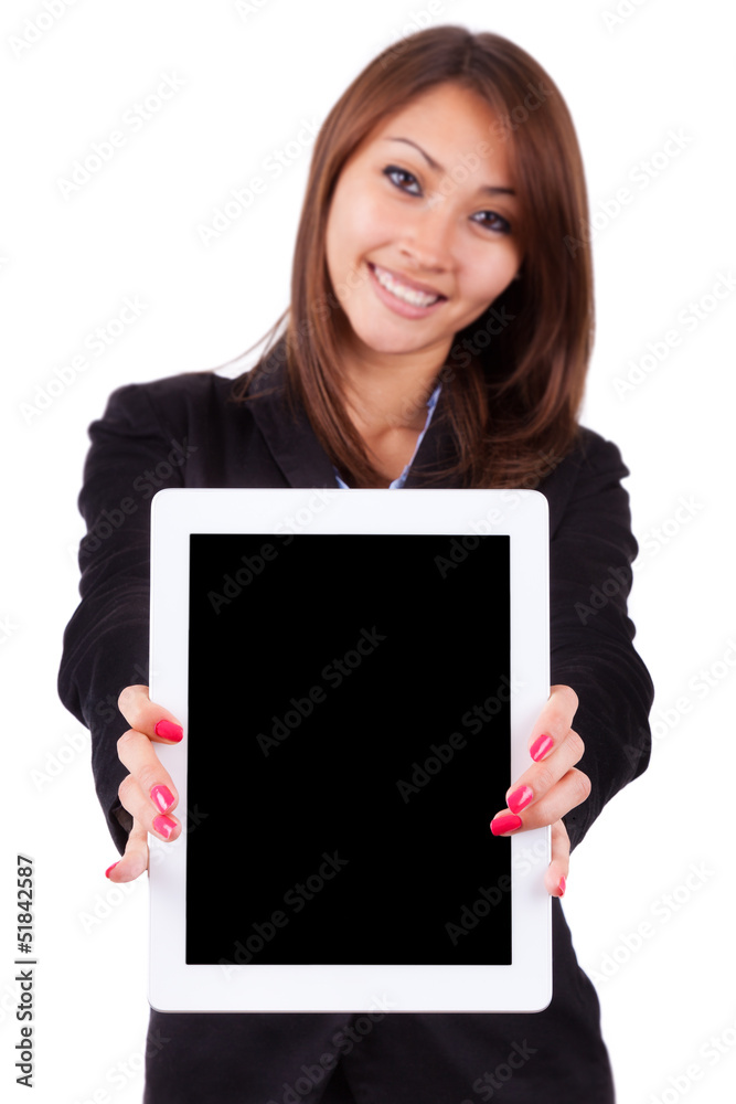Portrait of a young beautiful asian business woman holding a ta Portrait of a young beautiful asian business woman holding a ta