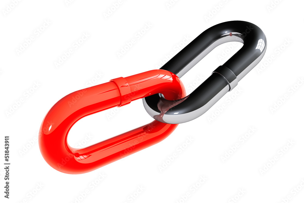 Teamwork concept. Chrome and red chain link Teamwork concept. Chrome and red chain link