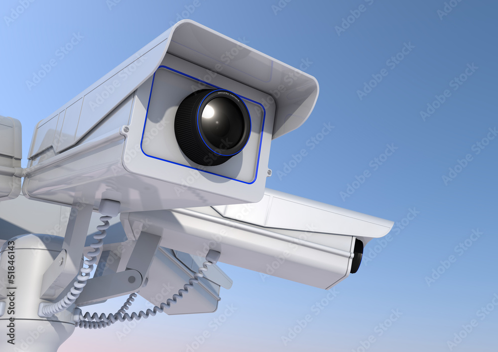 3d render of 6 security cameras on a pole close up. 3d render of 6 security cameras on a pole close up.