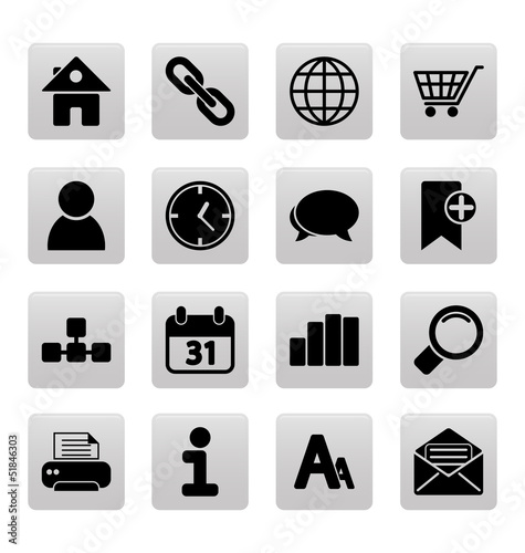 Black web site and internet icons on gray squares