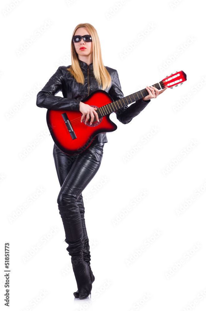 Woman guitar player in leather costume Woman guitar player in leather costume