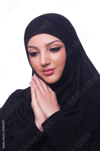 Muslim young woman wearing hijab on white