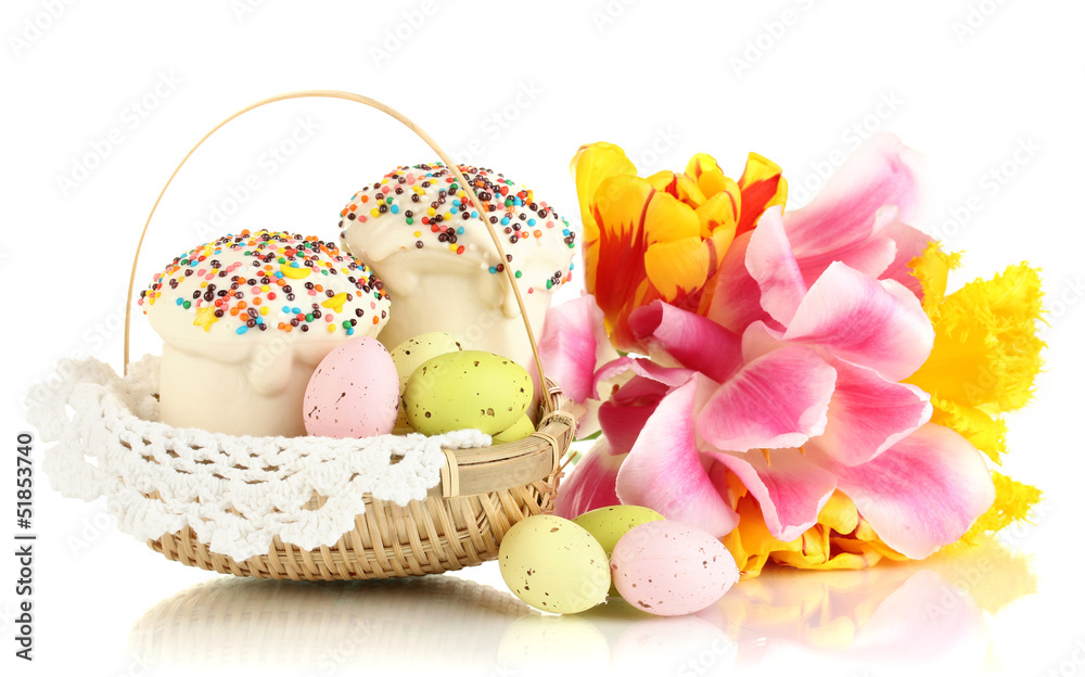 Fototapeta premium Easter cake with eggs in wicker basket isolated on white