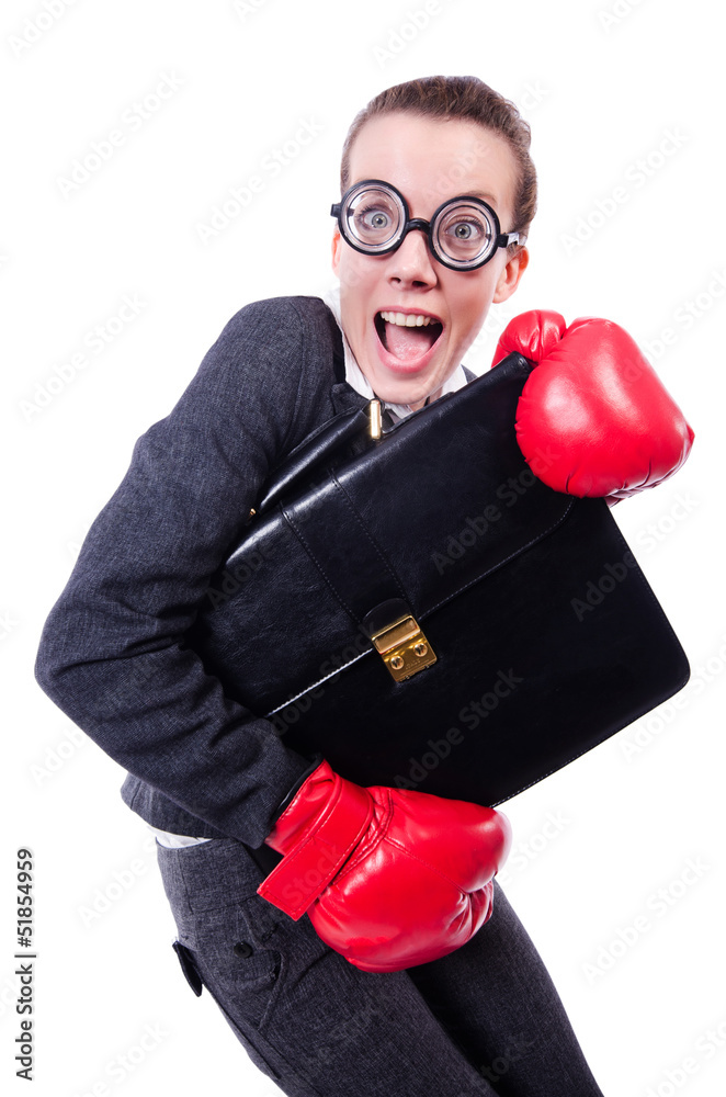 Businesswoman in boxing concept on white Businesswoman in boxing concept on white