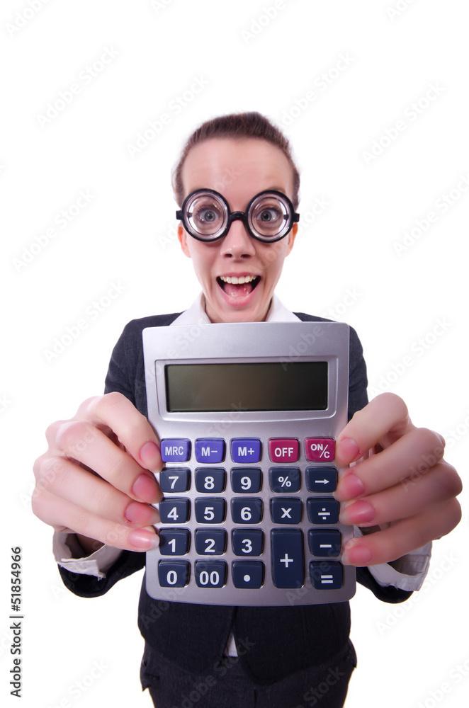 Nerd female accountant with calculator Nerd female accountant with calculator