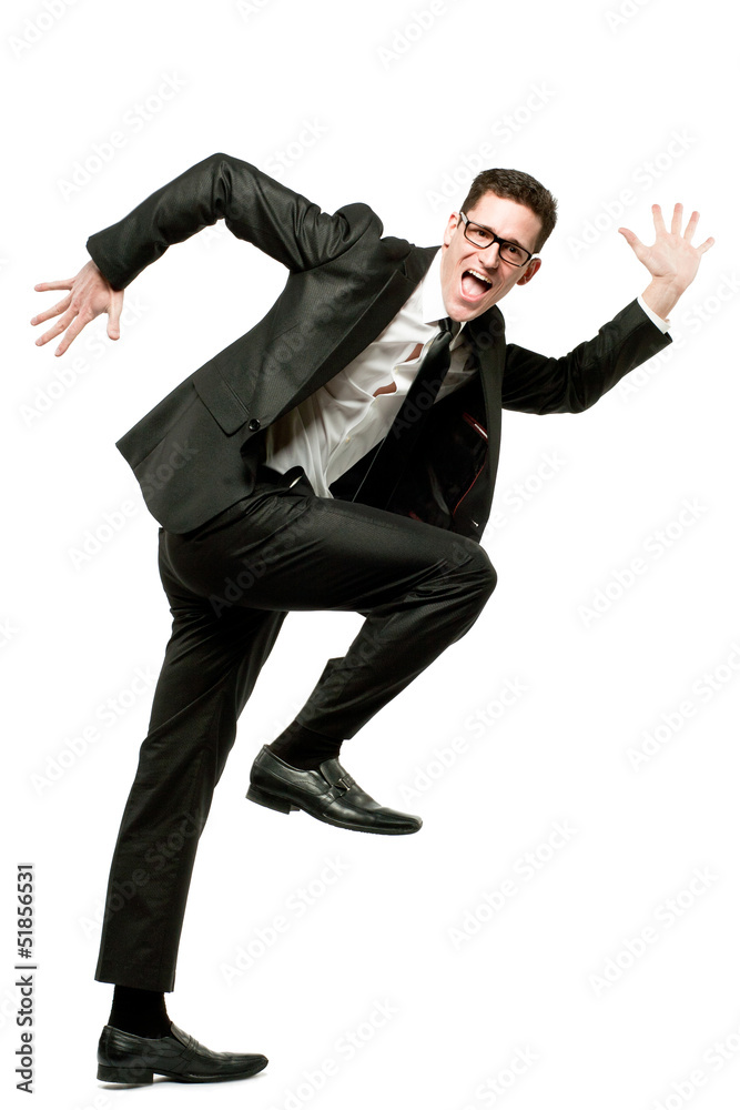 Happy businessman runs in black suit on white. Happy businessman runs in black suit on white.