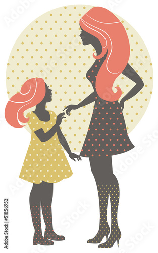 Beautiful mother silhouette with her daughter in retro style.