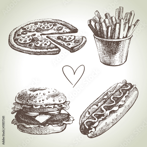 Fast food set. Hand drawn illustrations