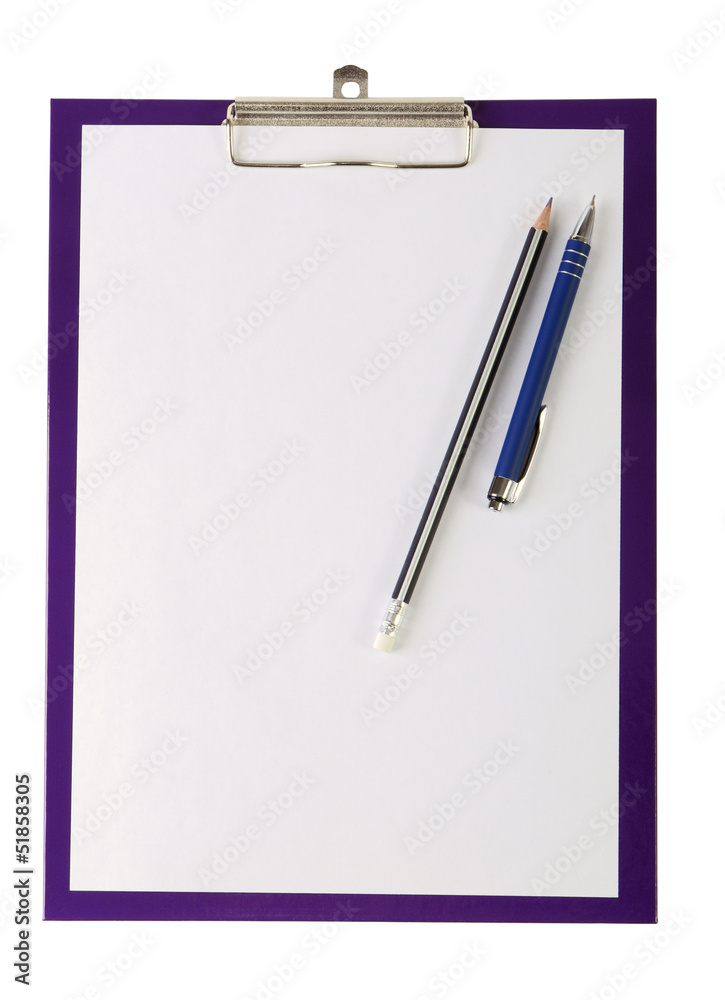 A piece of blank paper, pen and wooden pencil on clipboard A piece of blank paper, pen and wooden pencil on clipboard