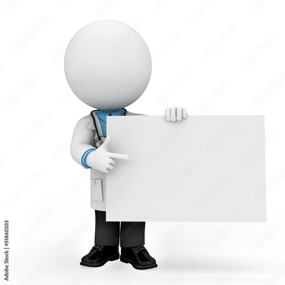 3d white people as doctor pointing towards white sign 3d white people as doctor pointing towards white sign