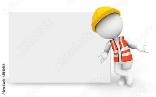 3d white people as worker pointing towards big white sign