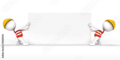 3d white people as worker holding big white sign